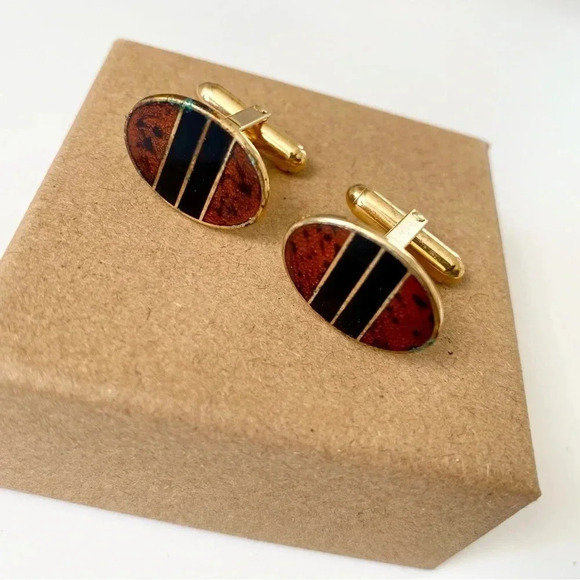 𝅺STYLISH Mod 1960s Vintage Burl Wood Look and Onyx Inlay Cufflinks.​ - Picture 1 of 10
